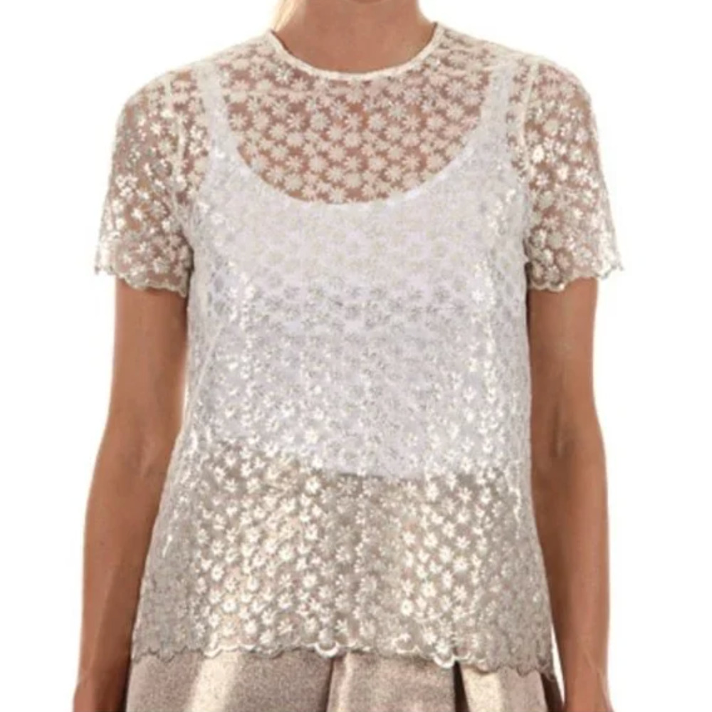 Kate Spade Metallic Gold Silver Shannon Sheer Daisy Flower Blouse Size 4